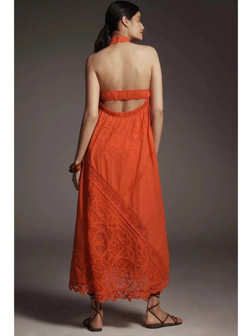 Anthropologie Halter Cutwork Lace Dress Orange Midi M